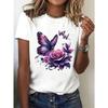 European Sizes Gorgeous Romantic Print Women's Short Sleeve T-Shirt - Exquisite Rose and Purple Butterfly Pattern, Machine Washable