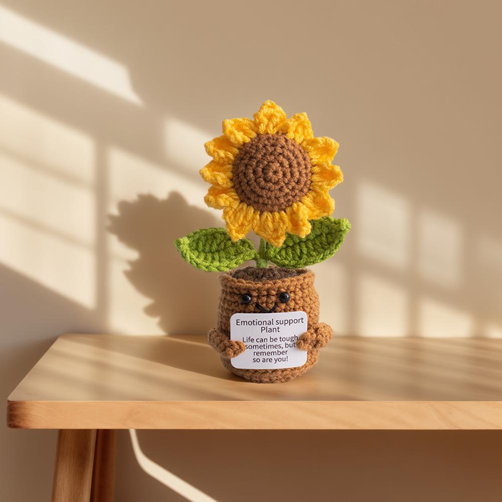 Handmade Crochet Sunflower with Card Positive Knitted Flower Inspirational Cheer Up Crochet Orange Tree Creative for Desktop