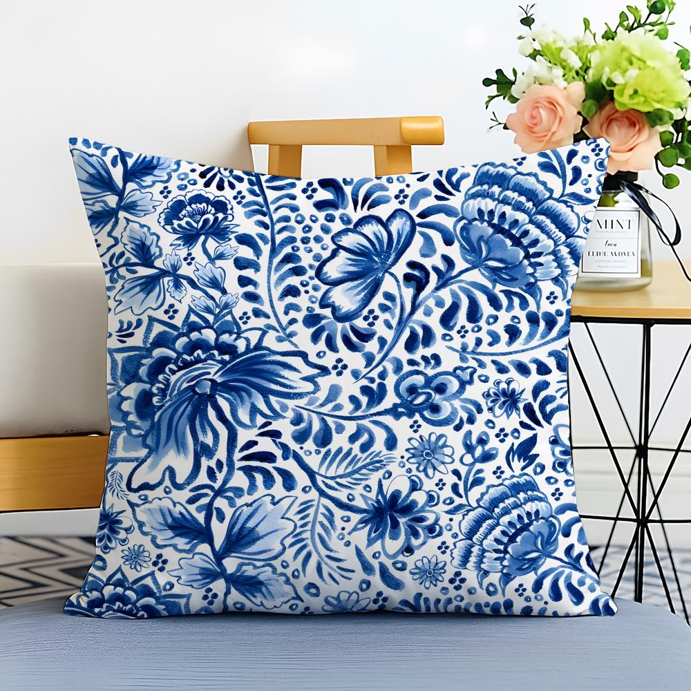 Blue and White Porcelain Cushion Cover Washable Linen Pillowcase Soft for Sofa Bed Cozy Home Room Decor