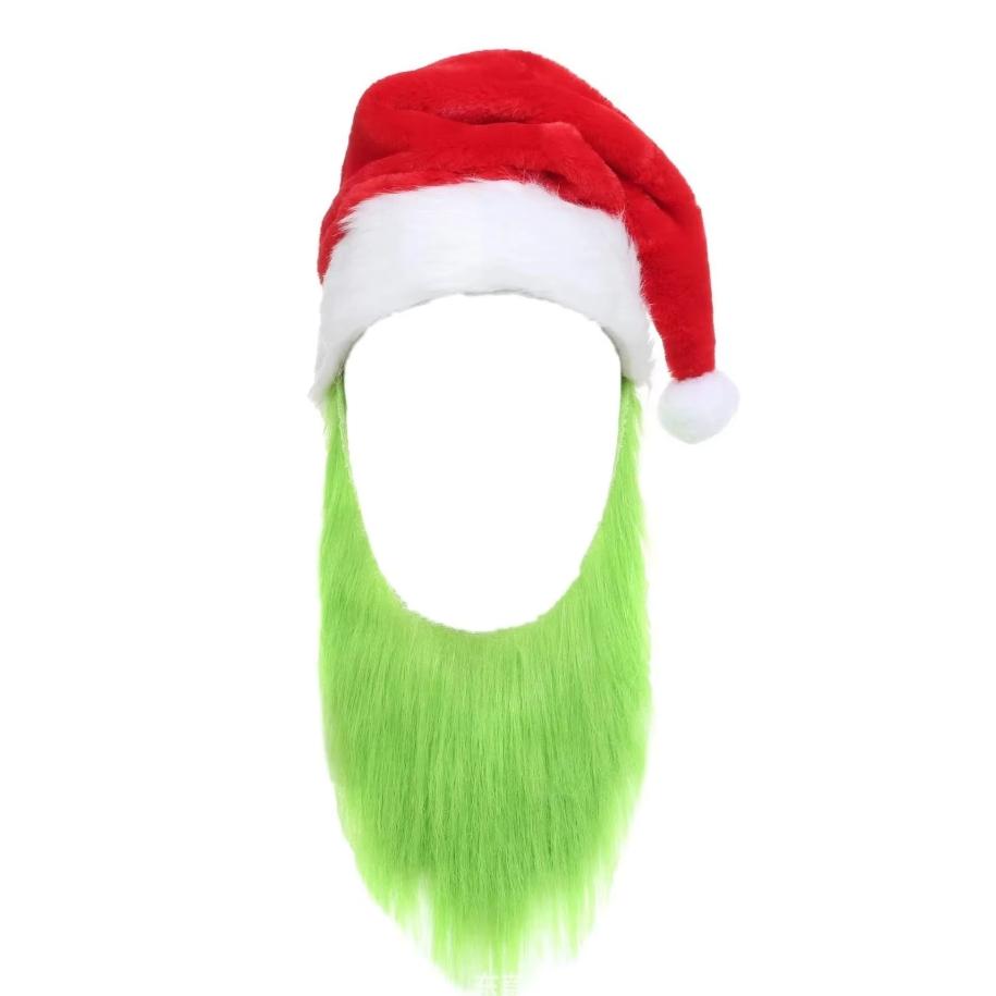 Monster Santa Costume Set - Green Beard, Furry Hat & Gloves For Halloween & Christmas Cosplay, Carnival Party Accessories