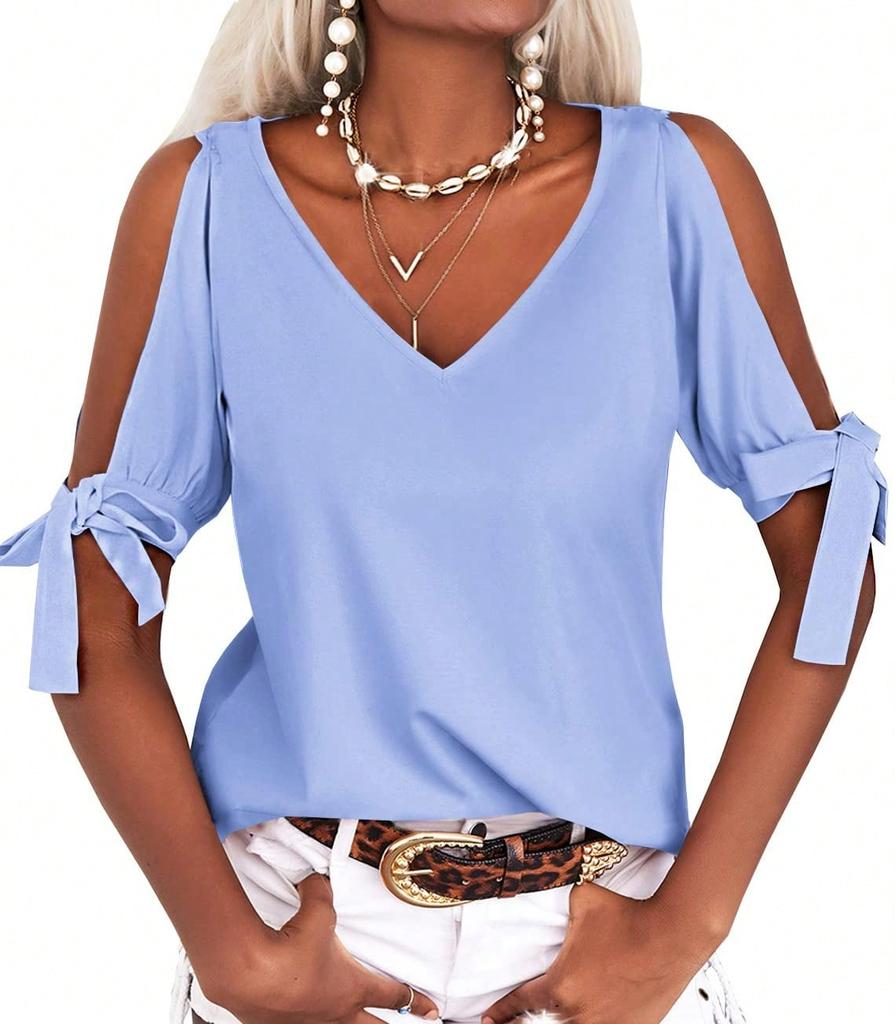 Women's Cold Shoulder V Neck T-Shirt Short Sleeve Loose Summer Cutout Blouse Top