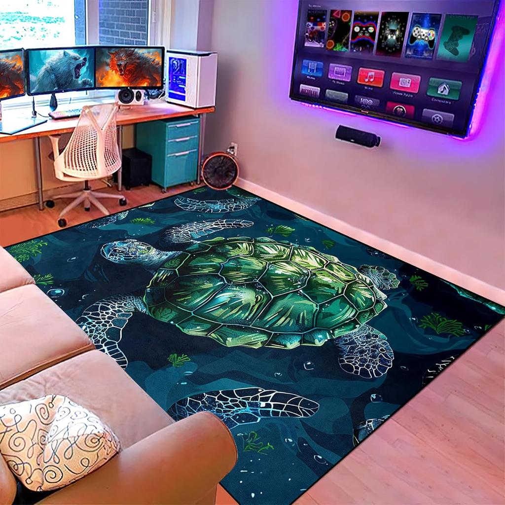 Green Sea Turtle Area Rug for Kids and Adults, Ocean Animal Print Carpet, Coastal Decor Non-Slip Rug for Bedroom and Living Room