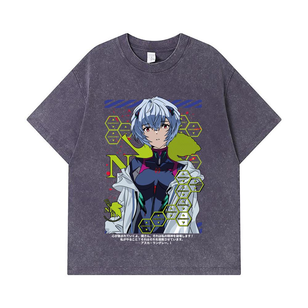275 GSM Washed T-shirts 100% Cotton Evangelion V6 Rei Print Unisex Heavy Cotton T Shirt