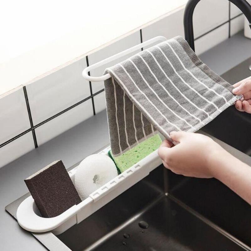 Kitchen Telescopic Sink Drain Rack Sink Dish Towels Soap Sponge Storage Basket