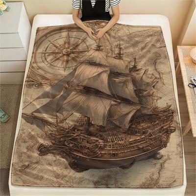 Retro Steamship Print Flannel Blanket, High Quality Comfortable for All Seasons, Home Decor, Warmth and Comfort, Perfect for Christmas Gifts