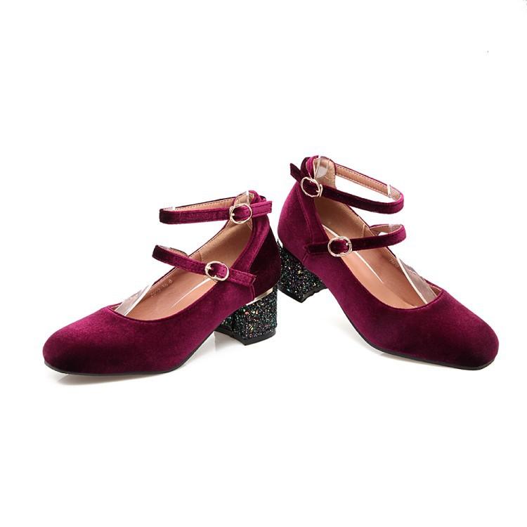 

Large size women s shoes spring and autumn new square head high heel one-word buckle thick heel golden velvet Harajuku cos sequins 39 бордовий