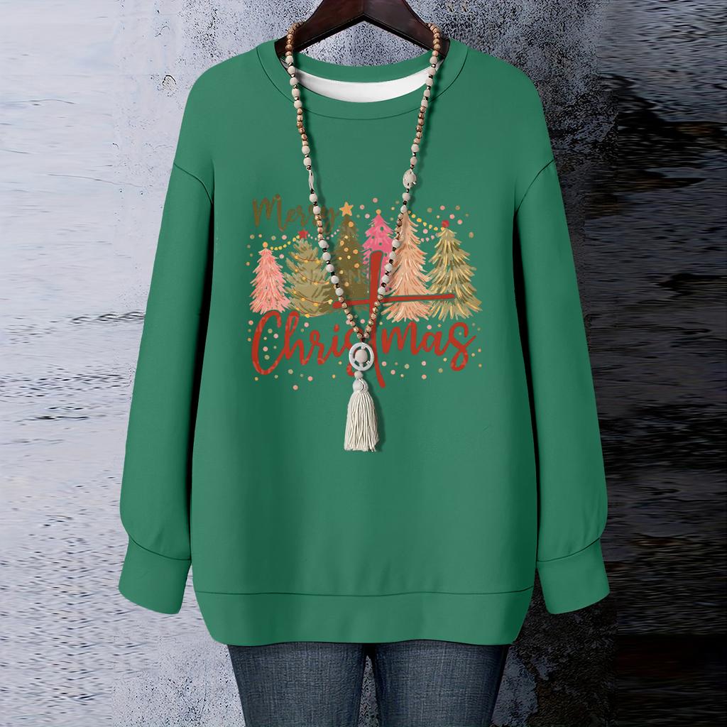 Ladies' Christmas Printed Round Neck Long Sleeved T-shirt Sweatshirt Top