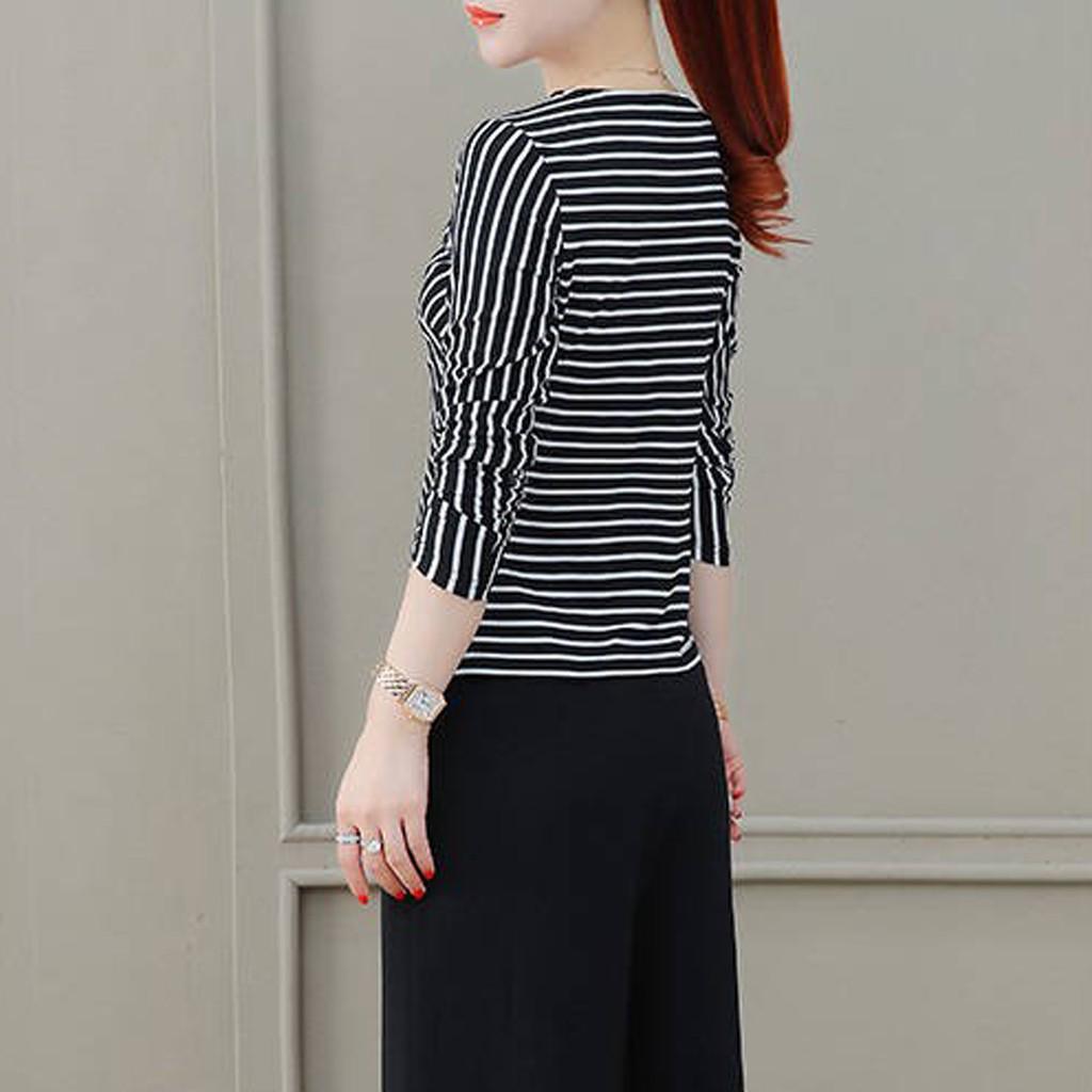 Módní halenka dámská košile s dlouhým rukávem nepravidelného tvaru s proužkovaným výstřihem do V