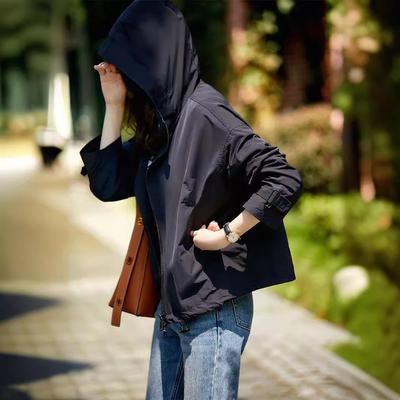 Jachetă cu glugă casual la modă Jachetă de primăvară pentru femei Nouă Versatilă Culoare solidă Scurtă cu fermoar Trenci