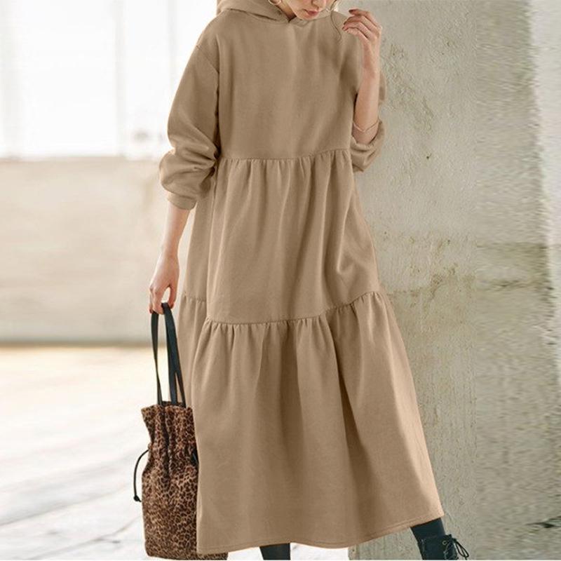 Spring and Autumn Solid Color Sweatshirt Dress Women's Vintage Loose Long Casual Sweatshirt