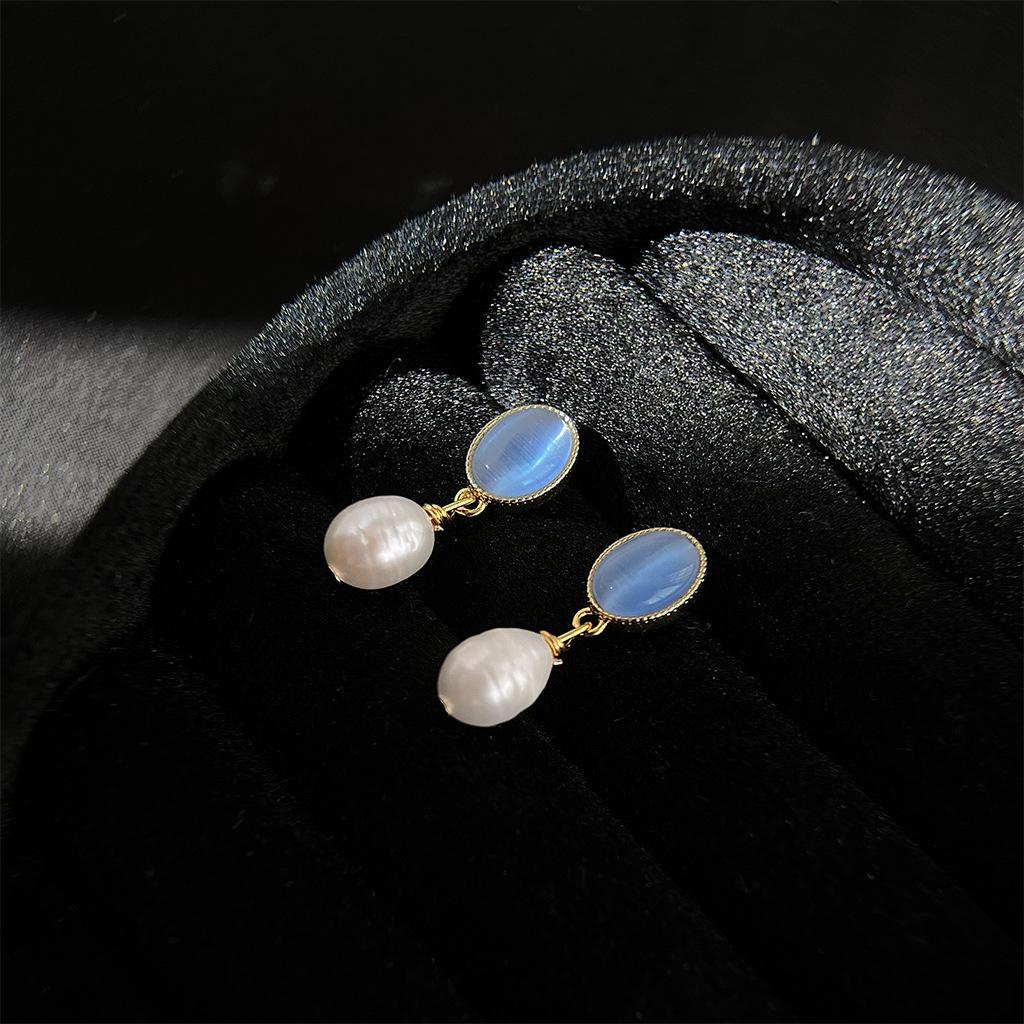 

Sweet Oval Blue Glass Stone Drop Earrings for Women Girl Niche Elegant Imitation Pearl Dangle Earrings Daily Jewelry Accessories