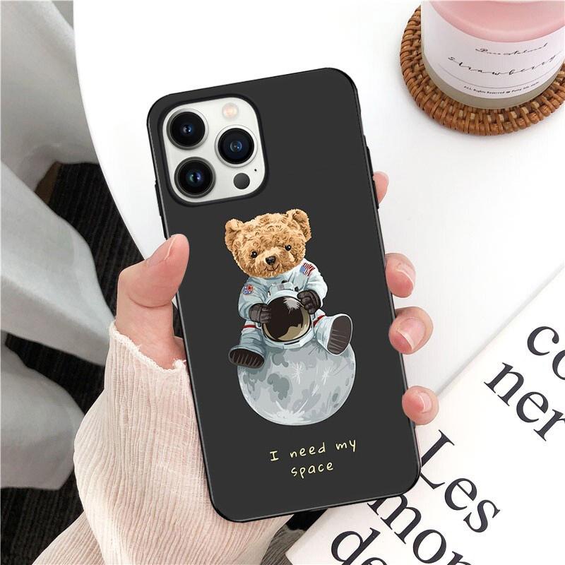 Cartoon Teddy Bear Phone Case for iPhone 14 13 12 11 Pro MAX X XS Max XR Mini SE2022 6S 7 8 Plus Black Case