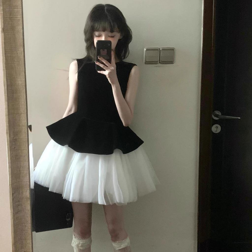 French sleeveless vest mesh splicing ballet dress new female princess style thin tutu skirt