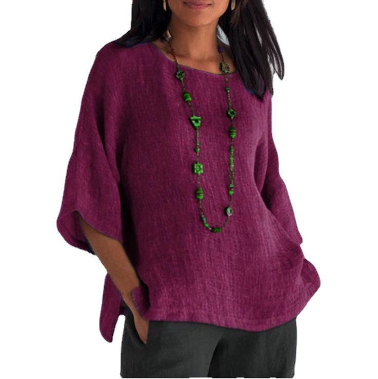 Women's Retro Cotton Linen Seven-Sleeve Shirt - Round Neck Top