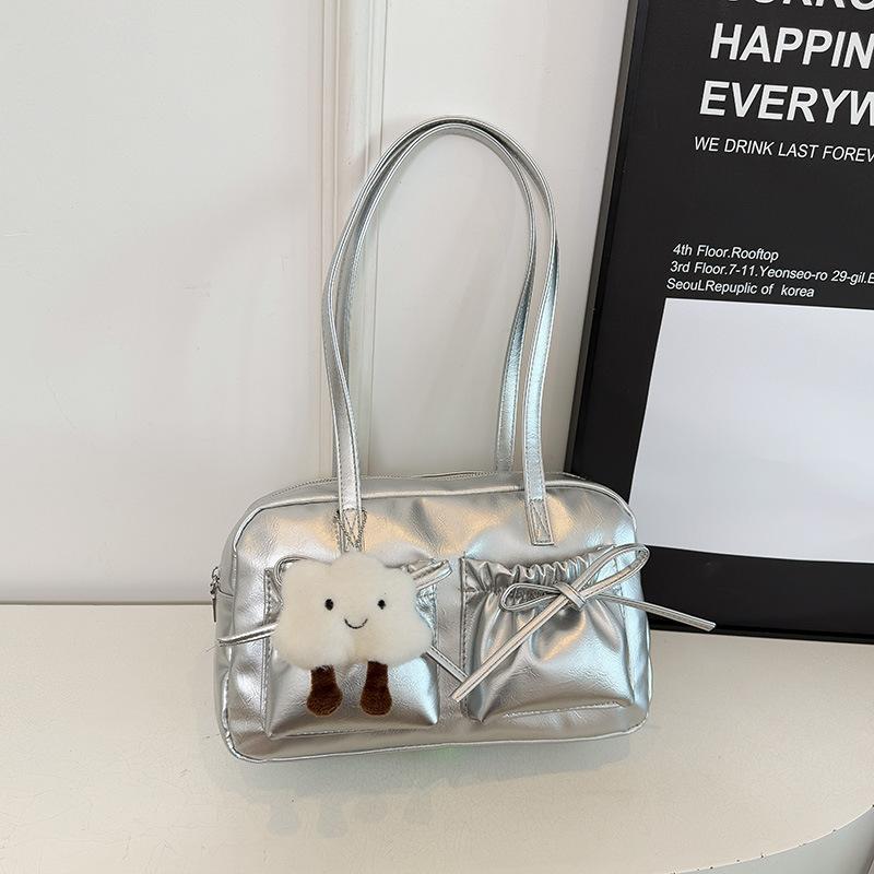 Fashion Faux Leather Shoulder Bag with Cute Cloud Charm Handbag, Bow Accent Multi Pocket Design, Casual Underarm Purse for Daily