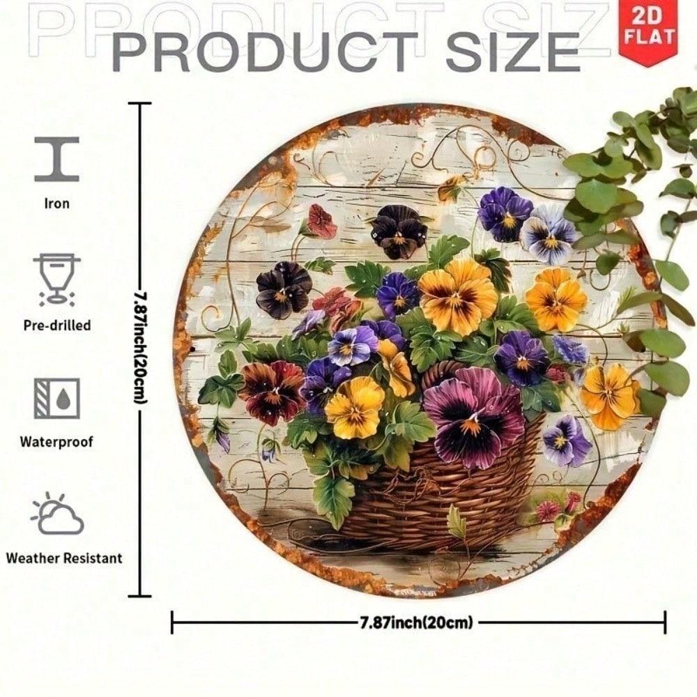 Vintage Tin Sign Round Floral Wall Art 8 Inch Metal Pansy Botanical Decor For Kitchen Garden Living Room Home