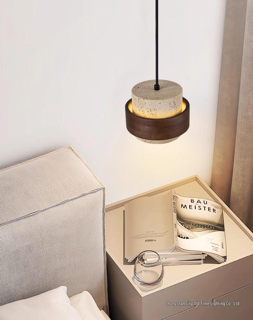 Vintage Yellow Travertine Wabi-Sabi Style Bedside Pendant Light for Bedroom, Bar, or Study
