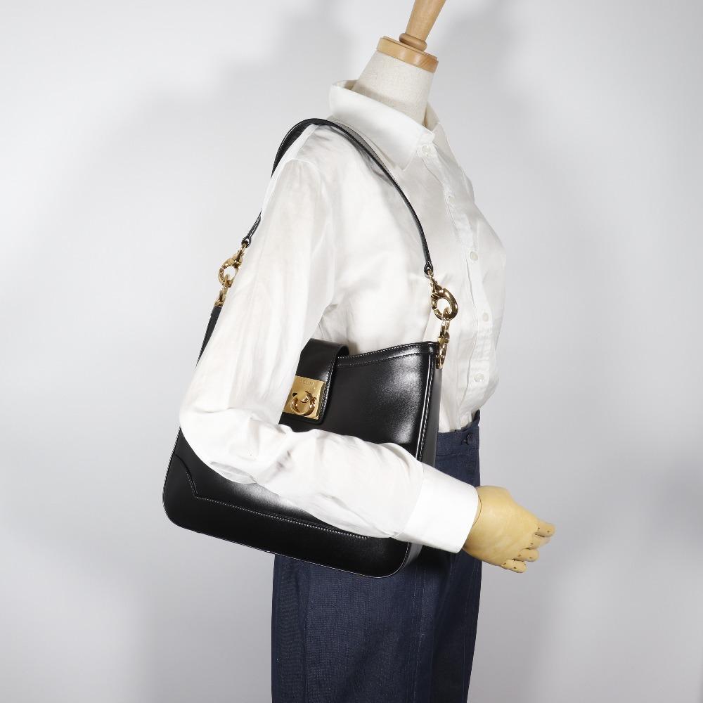 CELINE logo Shoulder Bag vintage black Calfskin Women Used