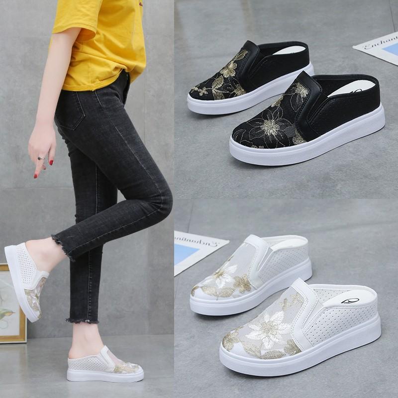 Fashion Breathable Mesh Head Half Slippers Women's 2024 Korean Casual Embroidery Flower Inner Height-increasing Slope Heel Cool Shoes