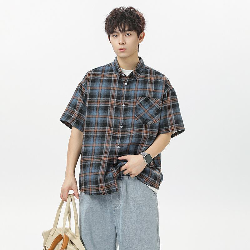 

Checkered Shirt Men s Summer Loose Casual Short Sleeved Shirt Retro Men s Half Sleeved Shirt S бирюза оранжевый