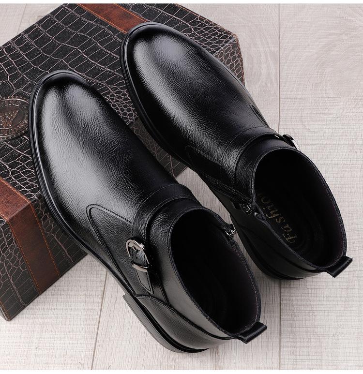 Men's High-Top Leather Slip-On Boots: Formal Casual Cowhide Shoes for Autumn/Winter with Warm Cotton, Large Sizes Available.