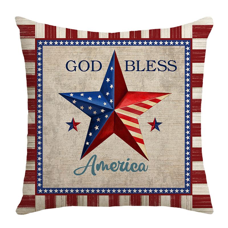 Independence Day Flag Four-piece Set, Linen Material, Home Cushion Cover, Five-pointed Star, Blue, White and Red Striped Letter Print