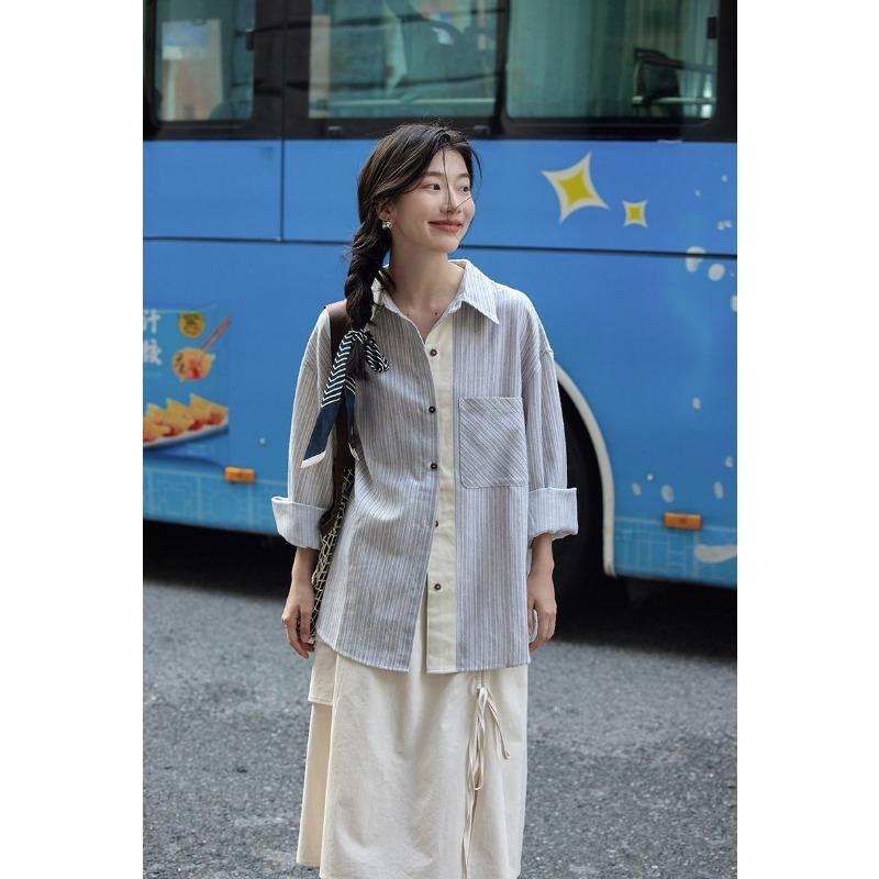 Striped Long-sleeved Shirt Jacket for Women Autumn New Loose Casual Lapel Shirt