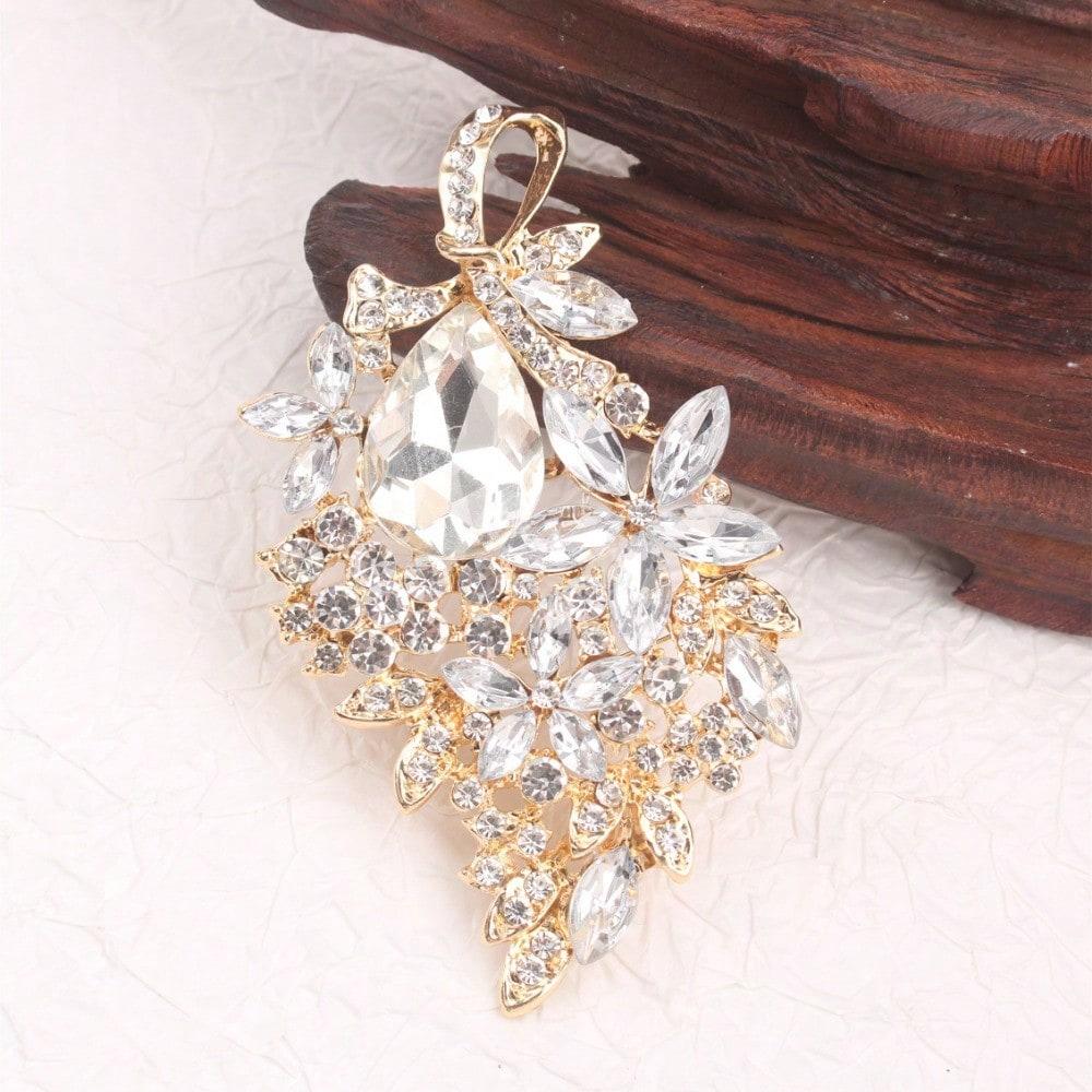 Gold-Tone Crystal Brooch - Floral & Teardrop Design, Rhinestones, Vintage Luxurious , for Formal Events , Ideal Gift