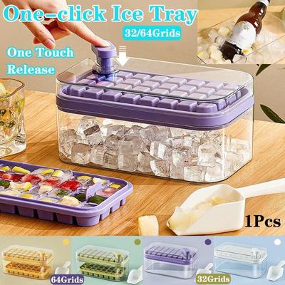 1 pz. Tipo di pressione a un pulsante Scatola per stampi per ghiaccio 32/64 Griglie Stampo per cubetti di ghiaccio in plastica Stampo per vassoio per ghiaccio con scatola di immagazzinaggio con strumento per bar da cucina per bevande fresche