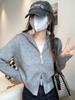 Women's Lazy Gray Hooded Knitted Cardigan - Zip-Up Long Sleeve Sweater for Early Spring
