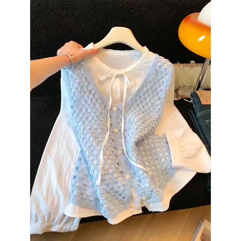 

Chic Bow White Shirt with Fashionable Layering Vest - 2026 Design 3XL (140-160 Jin)