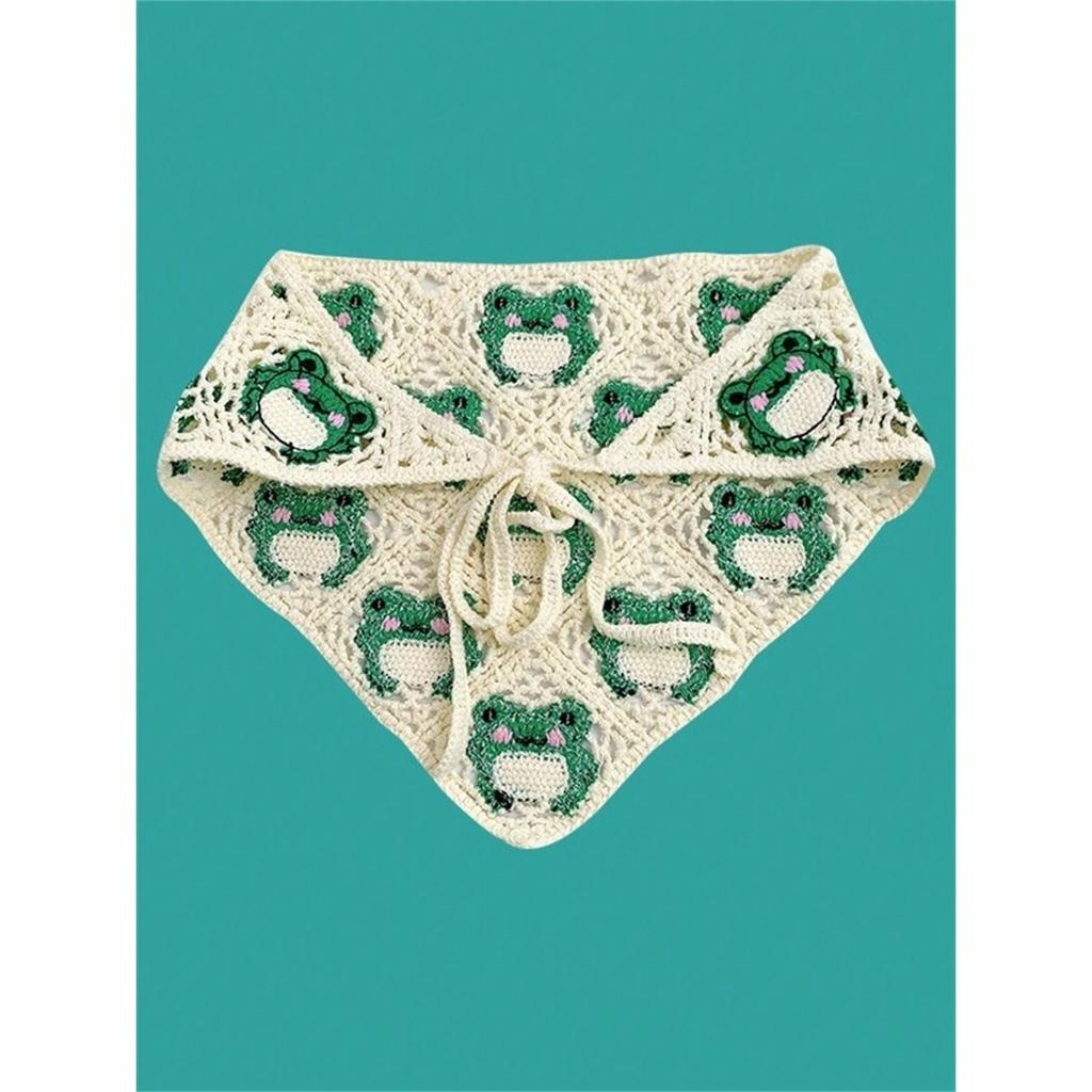 1 sciarpa a triangolo lavorata a maglia vuota stile pastorale francese nuova per la primavera da donna, accessori per capelli con fascia per capelli a forma di rana dolce e carina