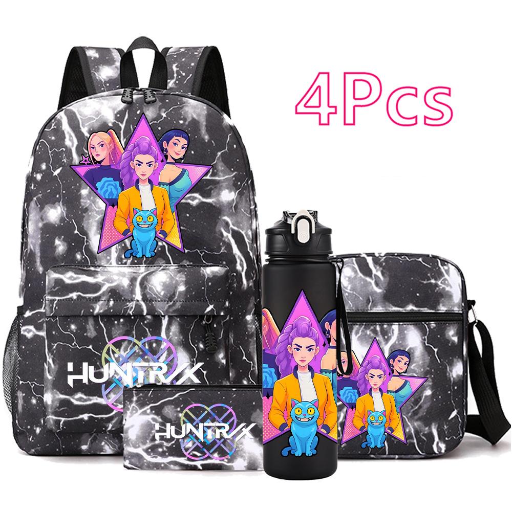 4Pcs/set Anime K-Pop Demon Hunters Printed Backpack Bookbag Shoulder Bag Case Bag with 750Ml Water Bottler for Boy Girl Large Capacity Schoolbag