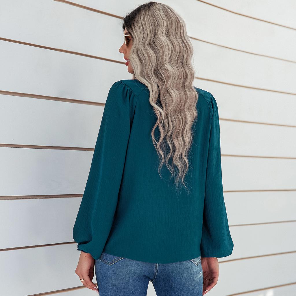 Women Autumn Solid Color Round Neck Pullover Loose Long Sleeve T Shirt Top