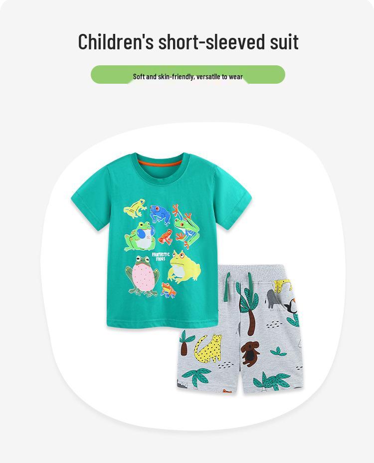 Boys' Summer Short Sleeve Set with Luminous Animal Print, Knit Cotton Sportswear