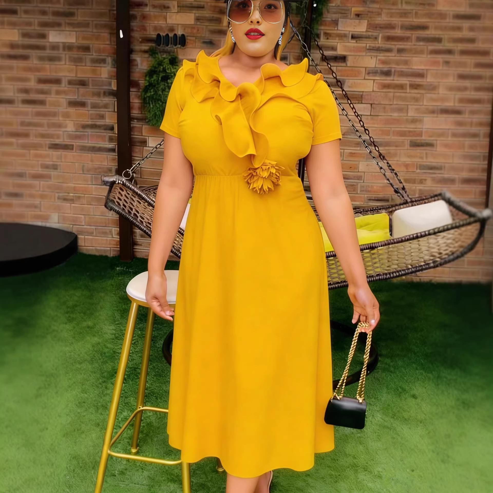 Elegant Yellow Floral Chiffon V-Neck Midi Dress - Plus Size, Slimming Ruffle Design 0XL