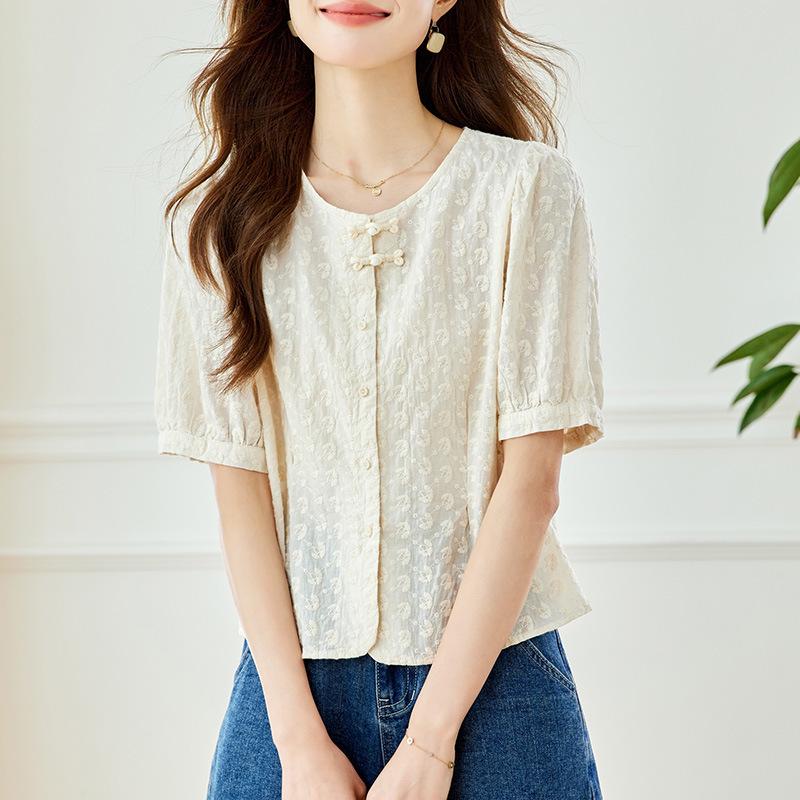 Women's Long Sleeve Embroidered Shirt - New Chinese Style, Apricot Round Neck, 2025 Autumn Collection