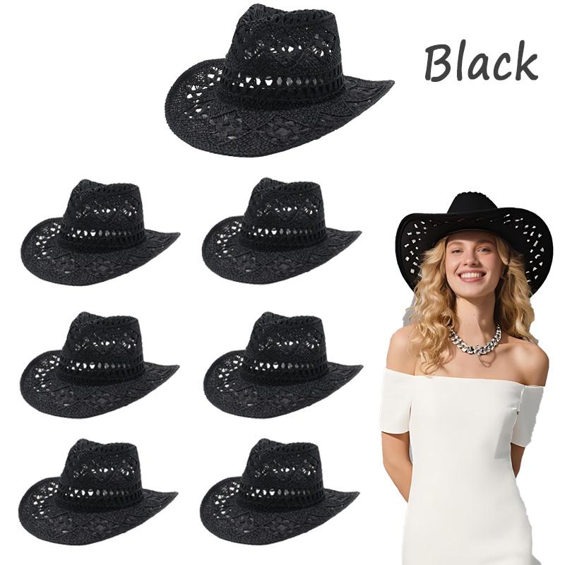 

3-24PCS Straw Cowboy Hats for Women Wedding Straw hats Cowboy Western Cowgirl Hats Wide Brim Bachelorette Hen Party Beach Hats 3 PCS чорний