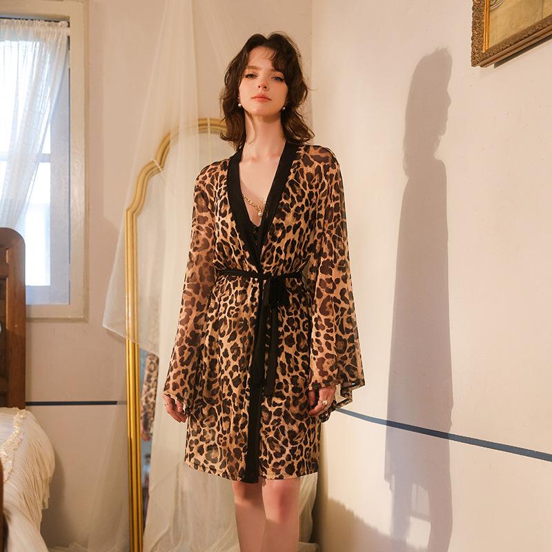 Sexy Leopard Print Two-Piece Pajama Set Women's Cami Nightgown with Outer Robe Loungewear 940 Bold Trendy Sleepwear Perfect for Lounging In Style