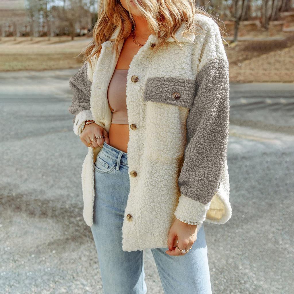 Women's Fashion Plush Button Long Sleeve Stitching Warm Sweater Tops Coat Winter Pocketed Coats