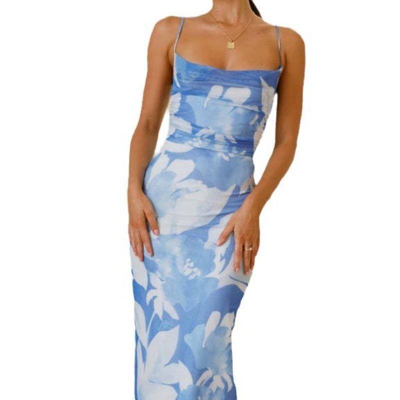 Damen Sommer Bedruckte Ärmellose Weste Trägertop Sexy Enganliegend Hüftumhüllendes Kleid Sommer Damen