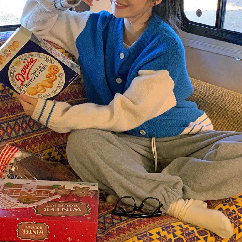 Korean Gentle Wind Crew Neck Sweater Cardigan Women's Autumn Small Sweet Pink Baseball Jersey Contrasting Knitted Jacket