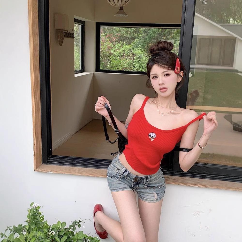Spring 2025 Cartoon Embroidery Camisole: Women's Sweet & Spicy Slimming Top