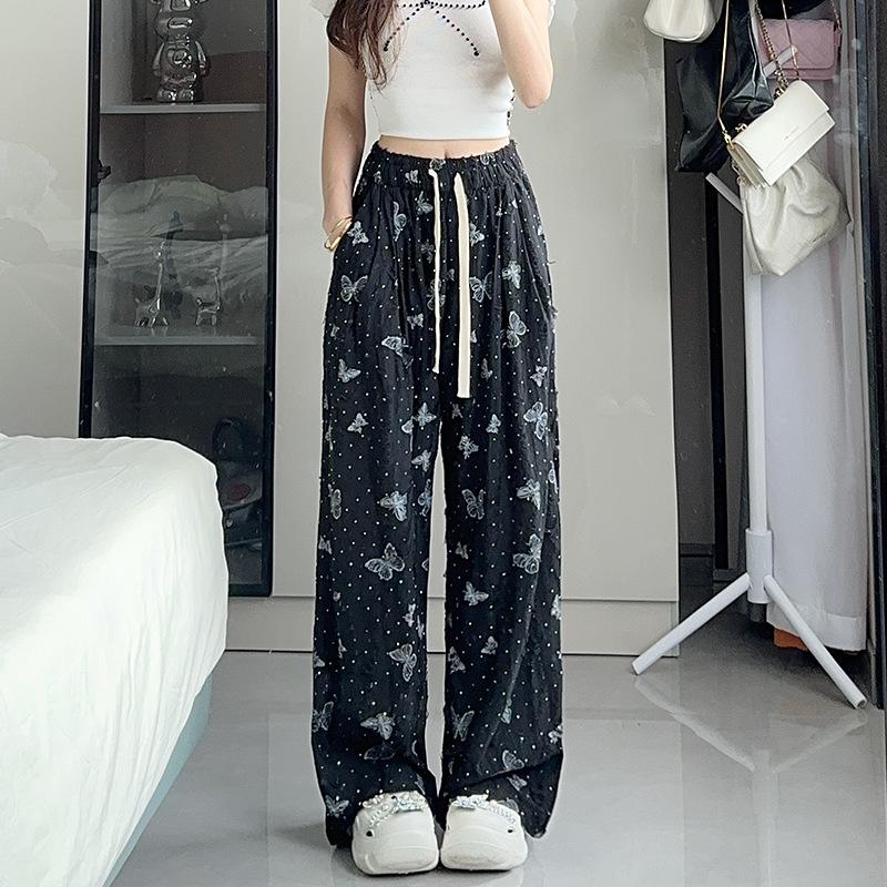 ! Autumn Butterfly Wide Leg Pants Women's High Waist Loose Lazy Flash Ripped Casual Straight Pants