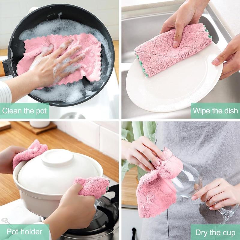 20/1pcs Microfiber Cleaning Cloths Double-layer Super Absorbent Coral Fleece Towels Non-stick Oil Dishcloths Scouring Pads Rags