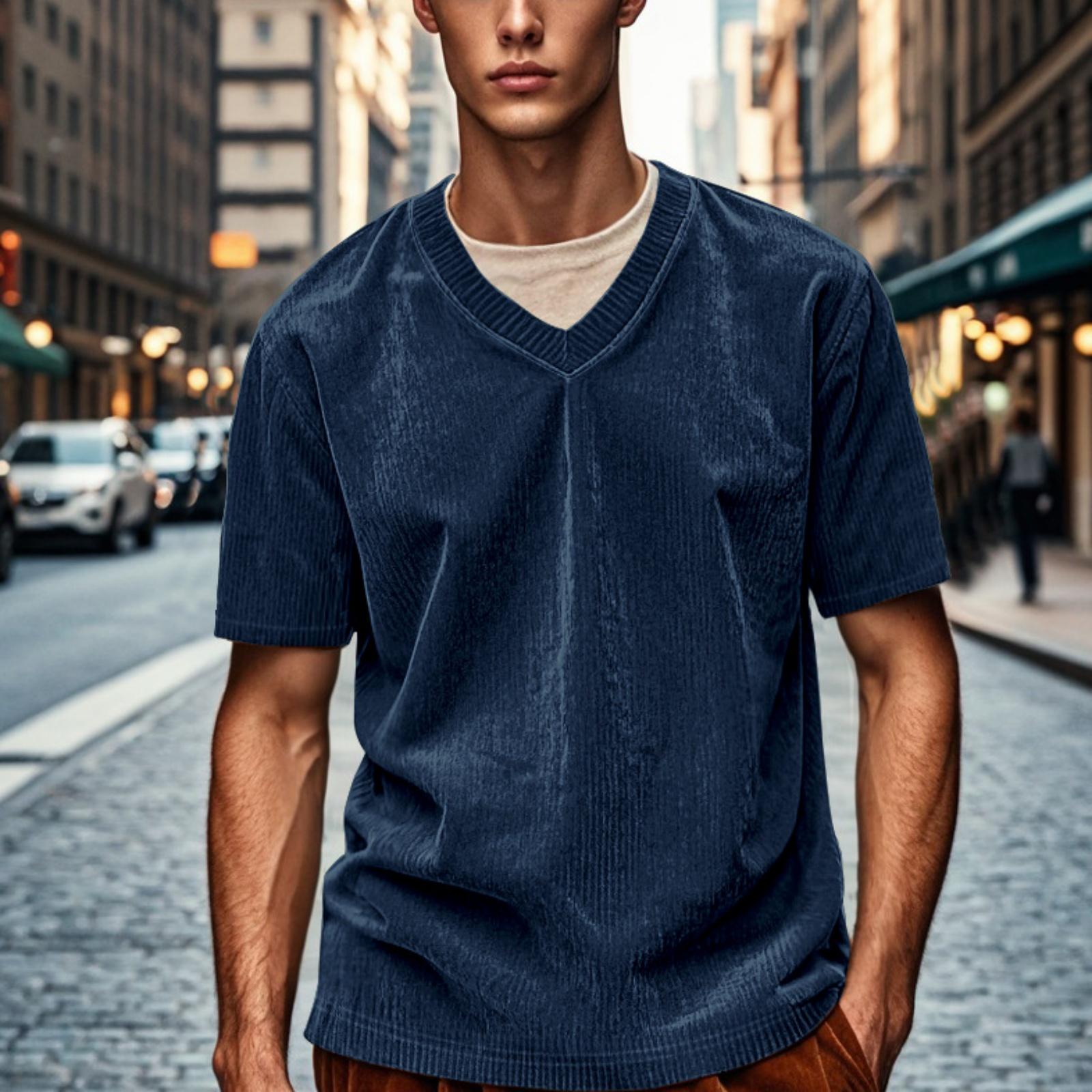 

Men s V Neck Short Sleeve Casual T Shirt Lightweight Ribbed Knit Soft Fabric Classic Fit Versatile Top for Everyday Wear XL Темно-синій
