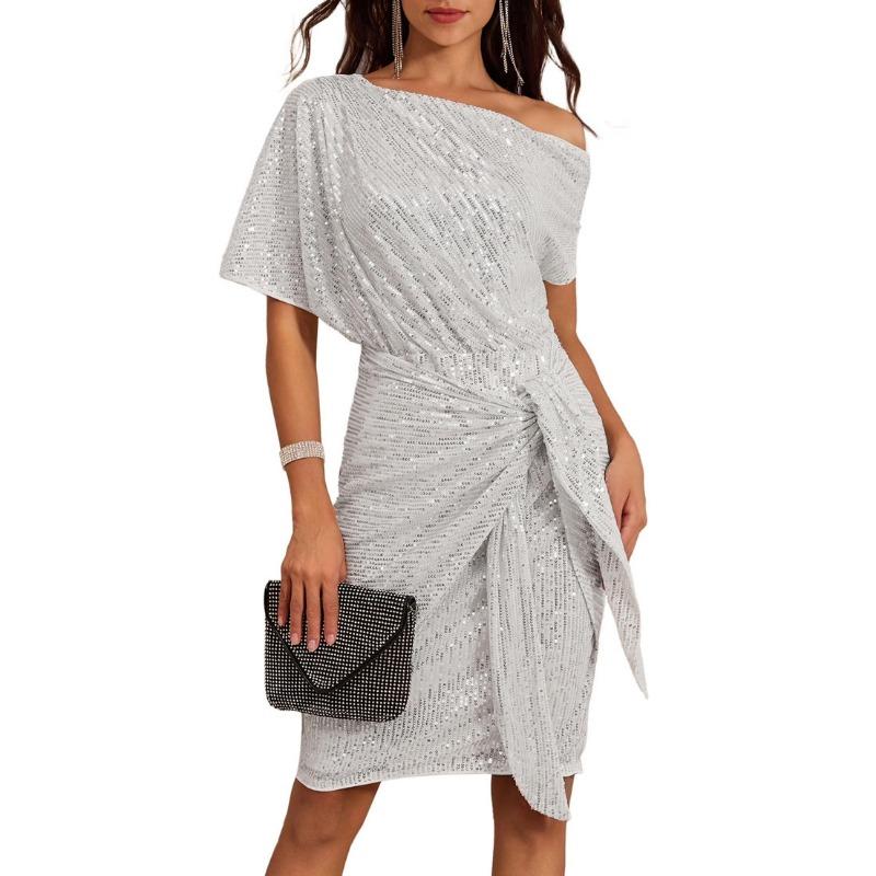 gold sequin one-shoulder short sleeve twist waist bodycon cocktail dress for women