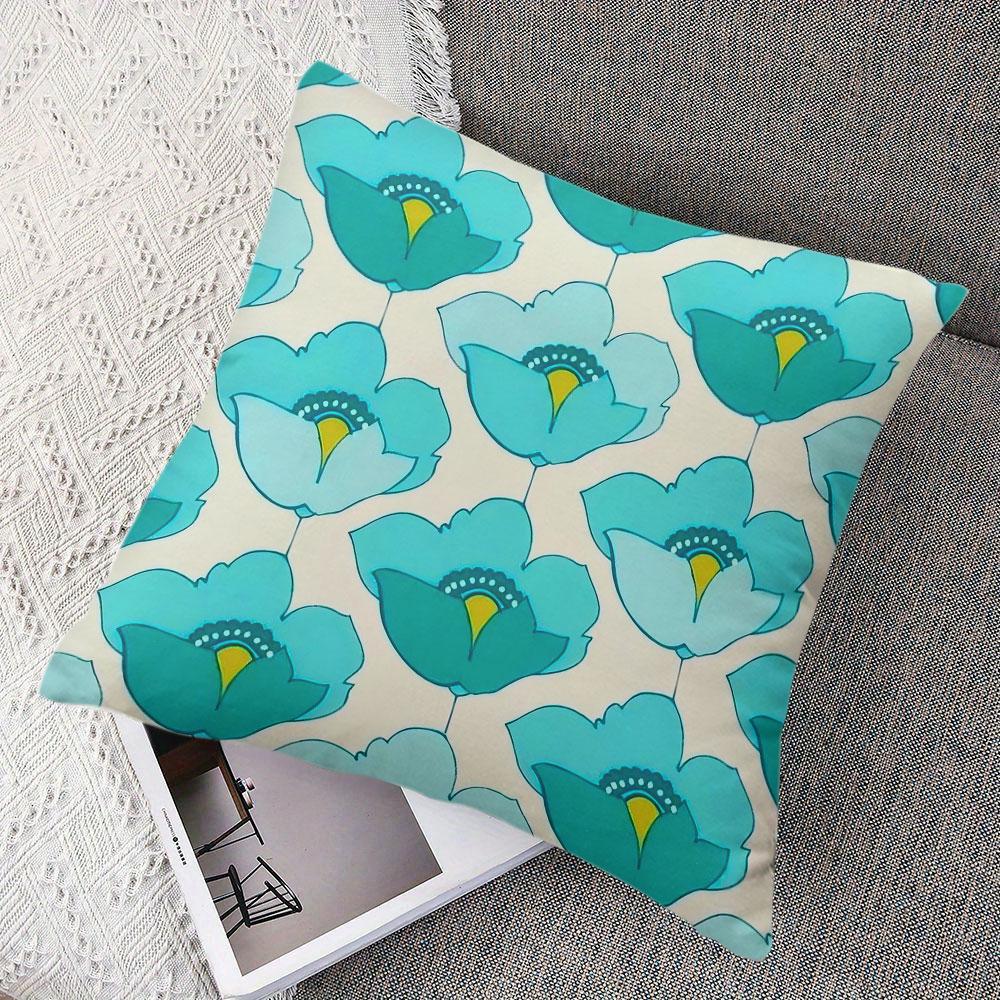 Turquoise Poppy Square Jacquard Pillow Cover for Sofa Office Waist Cushion Cover Home Decorative Pillowcase