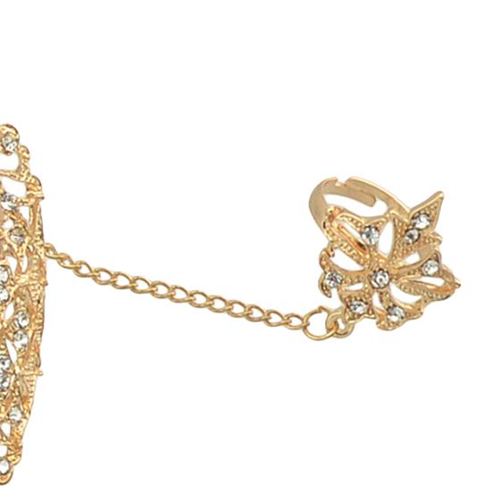 Offener Ring mit Strasssteinen, Legierung, goldfarben, hohles Blatt, Doppel-Finger-Kettenring für Dates