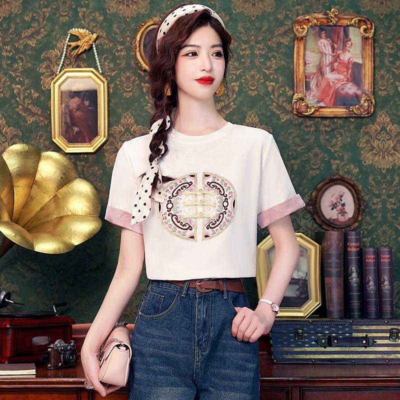Módní Čínský styl Léto s krátkým rukávem Tričko s výšivkou do O výstřih Dámské topy Trička J389